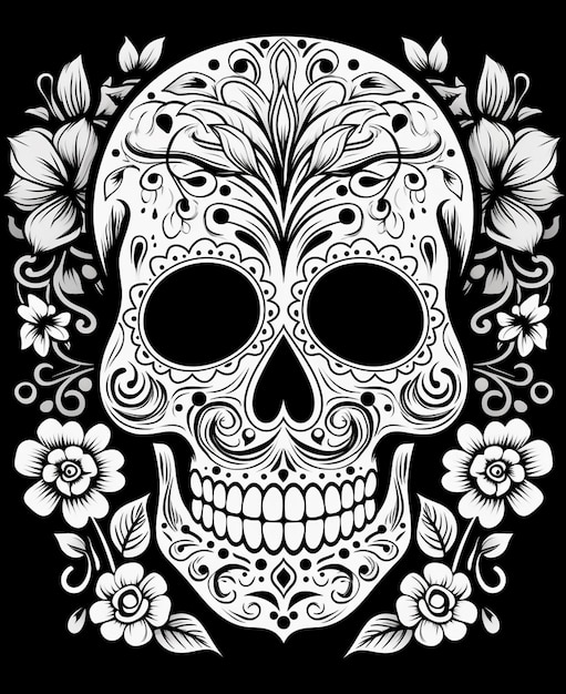 a black and white sugar skull with flowers and butterflies generative ai