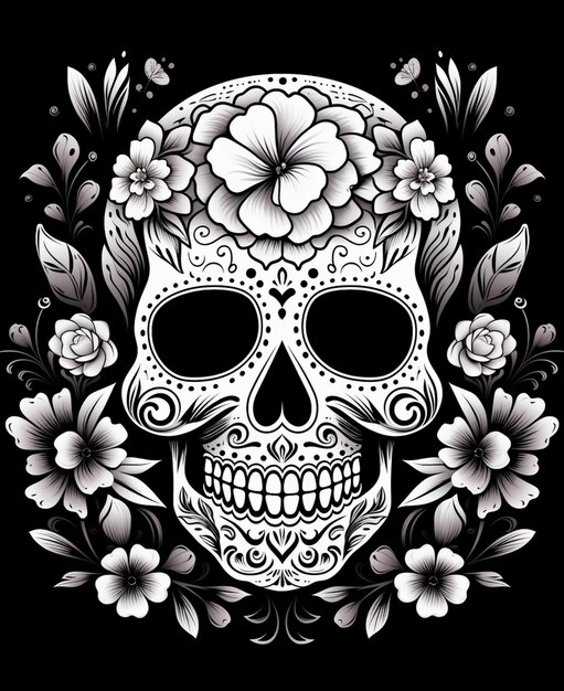 a black and white sugar skull with flowers on it generative ai