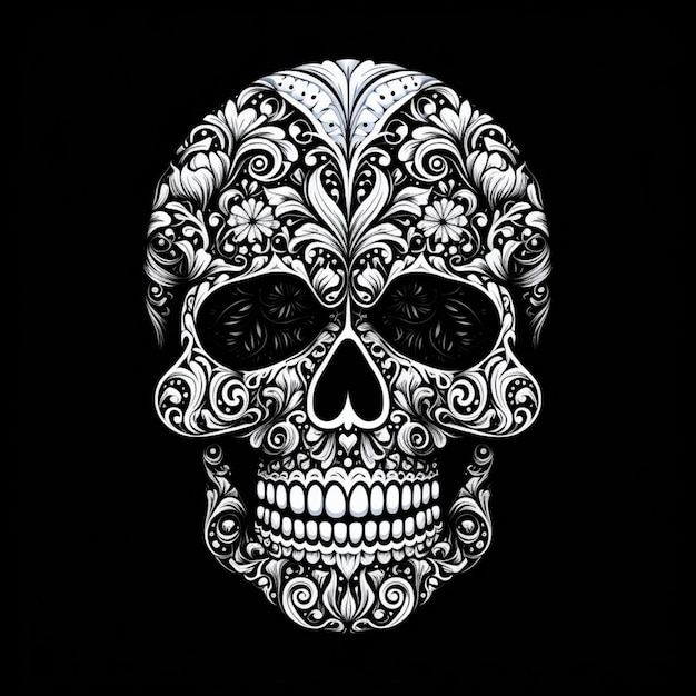 Photo a black and white sugar skull with ornate designs on it generative ai