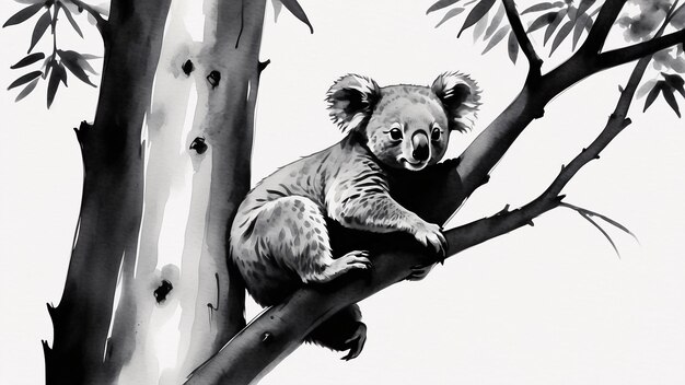 Photo black and white sumi e ink style illustration koala traditional painting