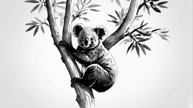 Foto illustrazione in stile sumi e in bianco e nero koala pittura tradizionale