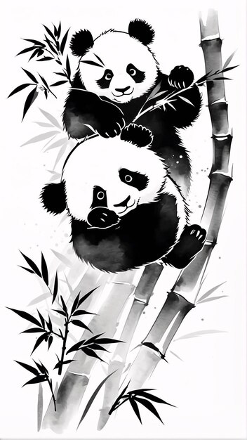 Photo black and white sumi e ink style illustration panda traditional painting