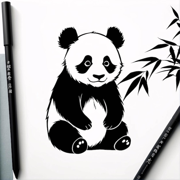 Photo black and white sumi e ink style illustration panda traditional painting