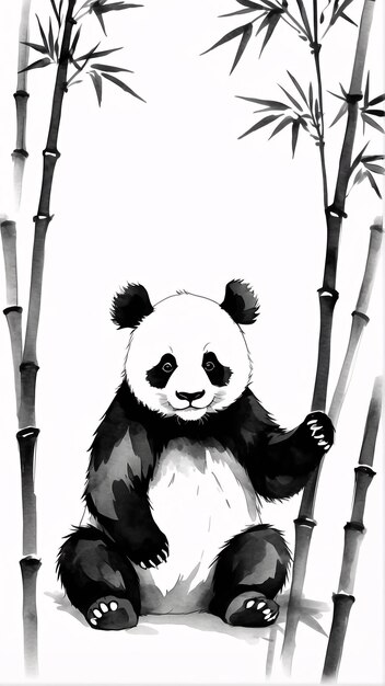 Черно-белая иллюстрация в стиле Sumi E Ink Panda Традиционная живопись