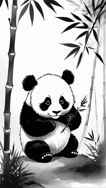 Photo black and white sumi e ink style illustration panda traditional painting