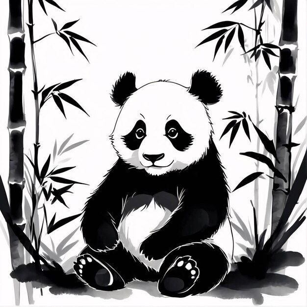 Photo black and white sumi e ink style illustration panda traditional painting