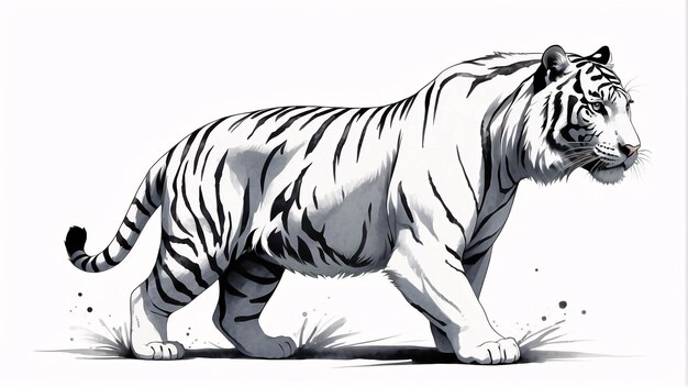 Black and White Sumi E Ink Style Illustration White Tiger Traditional Painting