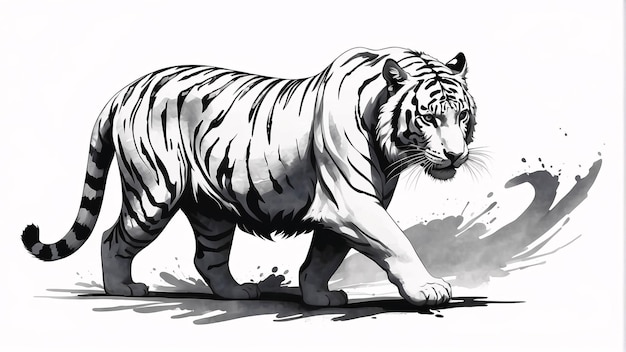 Black and White Sumi E Ink Style Illustration White Tiger Traditional Painting