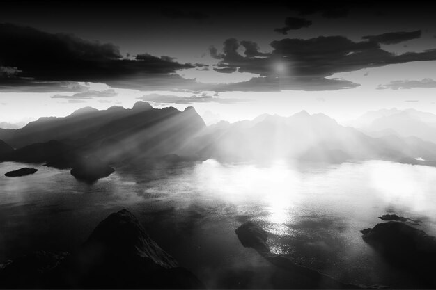 Black and white sunset at mountain valley landscape rendering