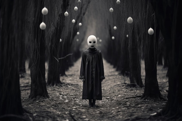 Black and white surreal wallpaper of ghost girl walking among trees