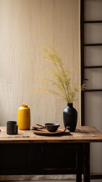 Black And White Table With Wood Elements In Edo Art Style