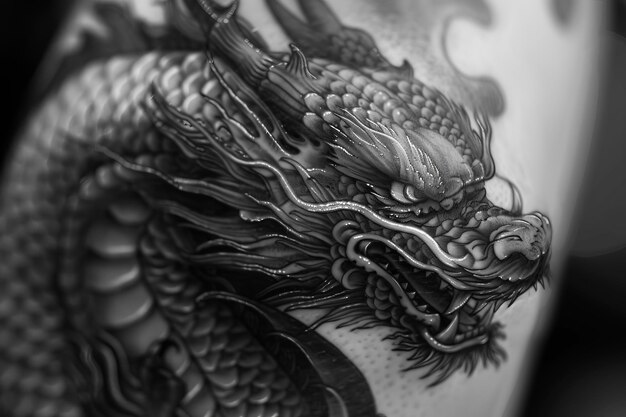 Foto un tatuaggio in bianco e nero di un drago con uno sguardo minaccioso sul viso