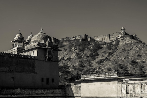 The black and white traditional buildings of Amber fort in Jaipur India