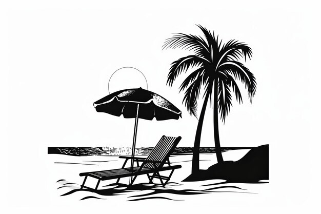 Photo black and white tropical beach scene with palm tree and umbrella