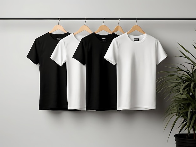 Black and white tshirts Mockup hanging on a hanger