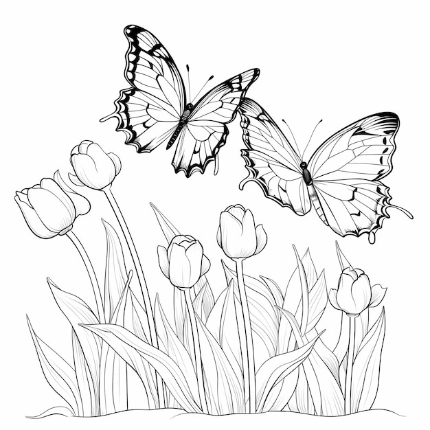 black and white tulips in a garden butterflies flying for kids coloring book