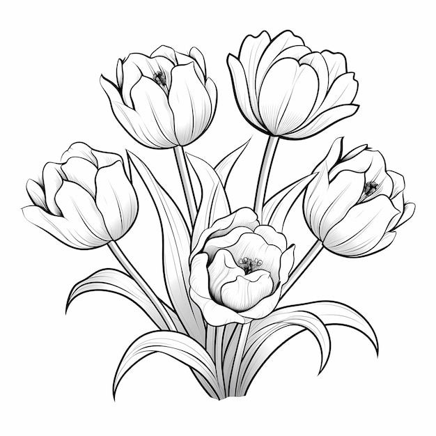 black and white tulips for kids coloring book cartoon style