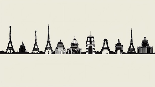 Photo black and white vector illustration of famous landmarks around the world