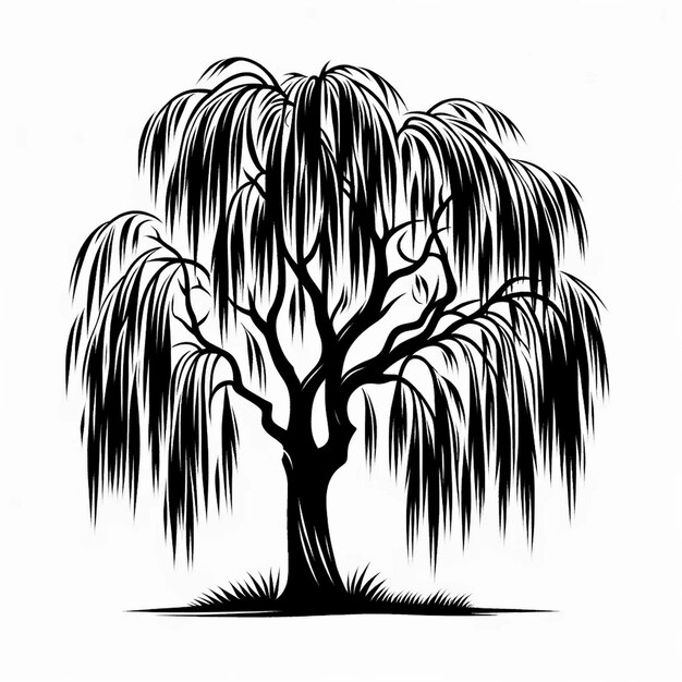 Photo a black and white vector illustration of a weeping willow tree silhouette