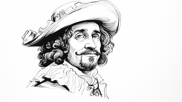 Black And White Vector Portrait Of Captain King In 17th Century Dutch Genre Style