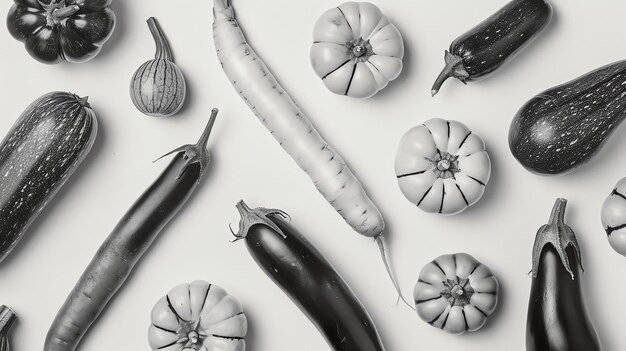 Photo black and white vegetables on a white background the vegetables are arranged in a random pattern