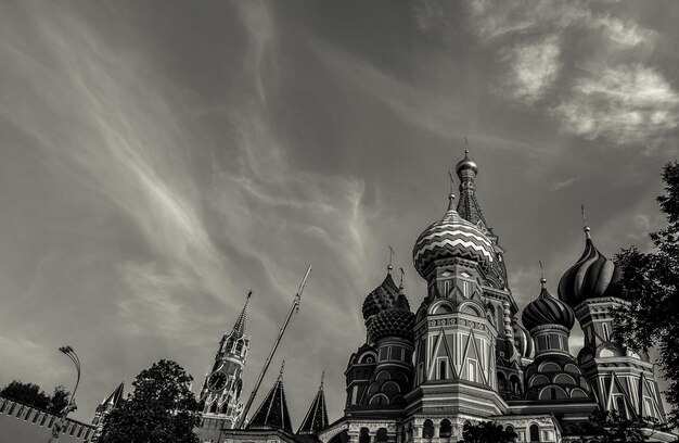 Black and white view of St Basils Cathedral in the morning