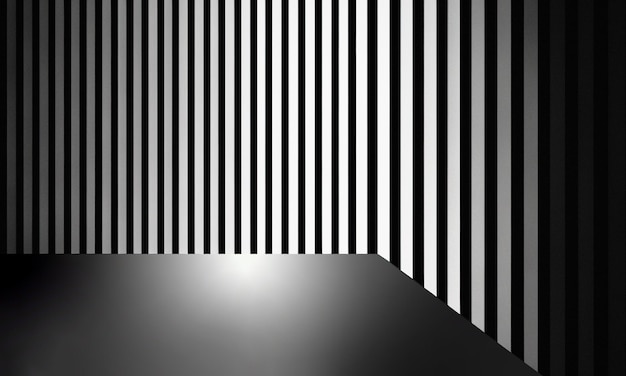 A black and white wall with vertical stripes and a white floor.