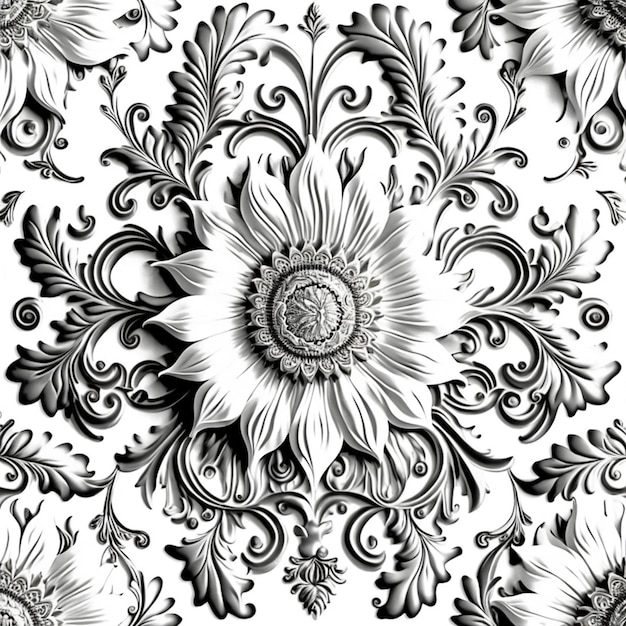 A black and white wallpaper with a floral pattern.