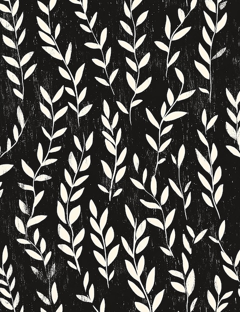 a black and white wallpaper with leaves and branches