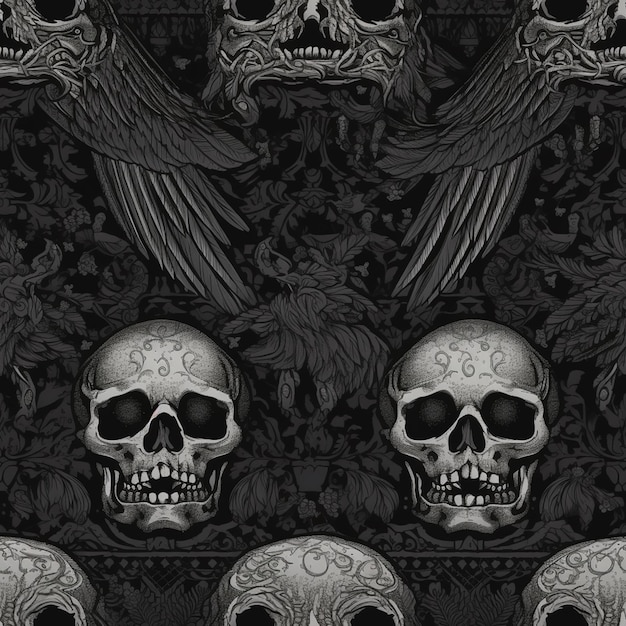 A black and white wallpaper with skulls and wings on it.