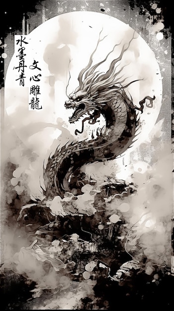 A black and white water color ink picture dragon