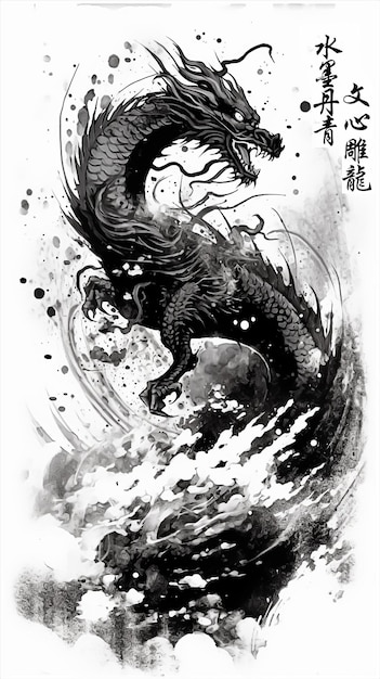Черно-белая акварельная тушь с изображением дракона