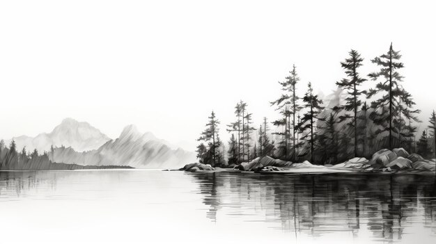 Photo black and white watercolor painting serene pine trees by the lake