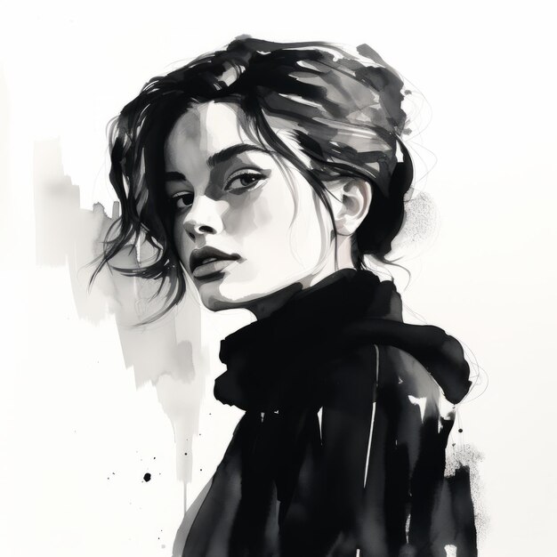 Black And White Watercolor Portrait Of A Melancholic Woman