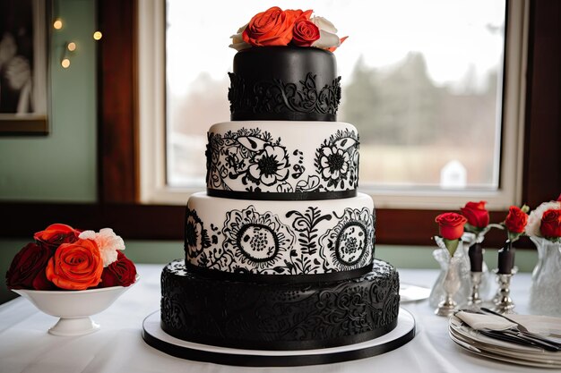 Black and white wedding cake with pops of color or intricate design created with generative ai