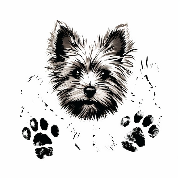 Photo black and white yorkshire terrier paw print drawing