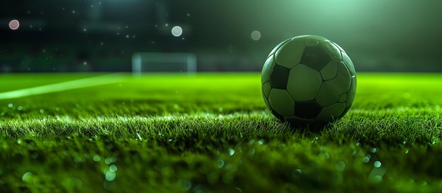 Black and whithe football ball lying on green grass