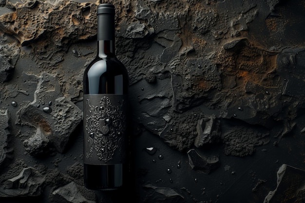 Black wine bottle on dark stone background