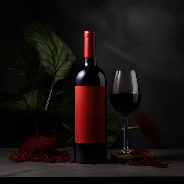 Black wine bottle mockup with empty label and copy space