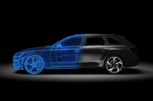 Черная и каркасная универсальная и нефирменная автомобильная 3D-иллюстрация