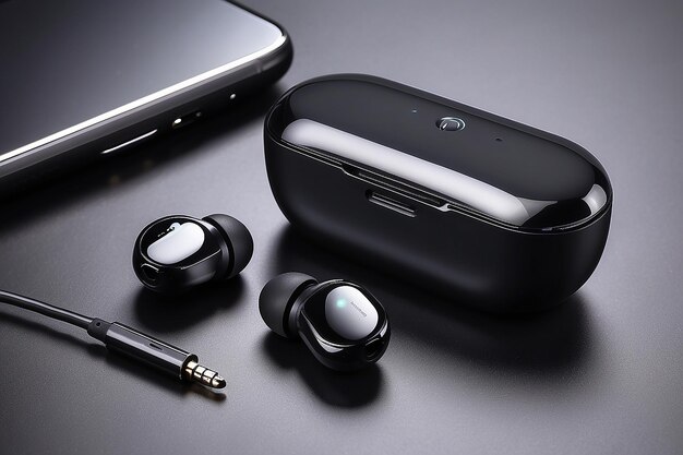 Black wireless earbud with charging case