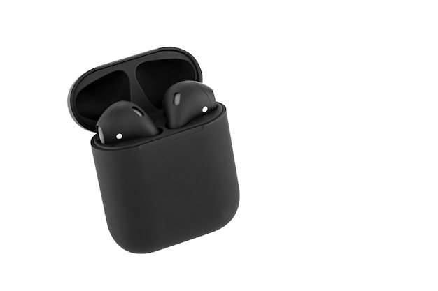 black wireless headphones in a box isolate