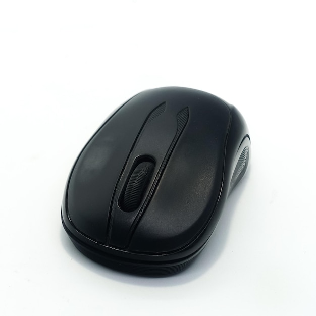 Black wireless mouse for computer isolated in white background