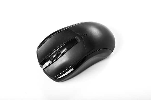 Black wireless mouse on white Top view