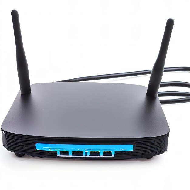 Foto router wireless nero con cavo di rete locale isolato su sfondo bianco