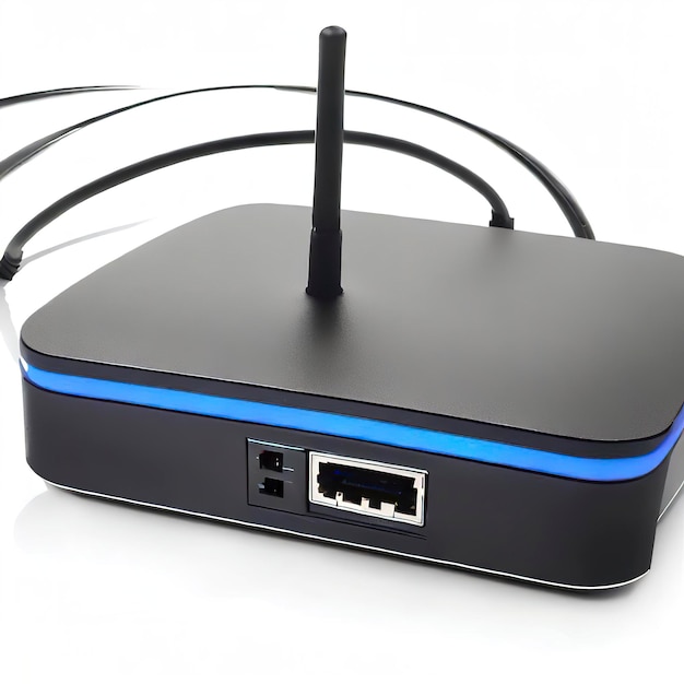 Foto router wireless nero con cavo di rete locale isolato su sfondo bianco