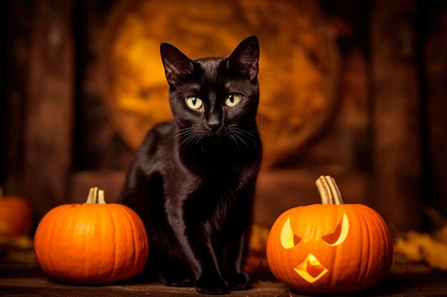 Black witch cat for halloween sitting on dark scary background at autumn spooky season with orange pumpkin generated AI