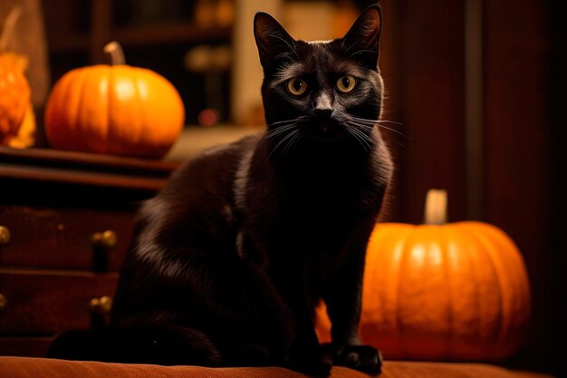 Black witch cat for halloween sitting on dark scary background at autumn spooky season with orange pumpkin generated AI