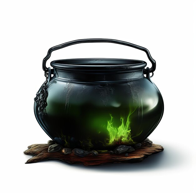 Photo black witch cauldron magical bubbling green potion isolated on white generative ai