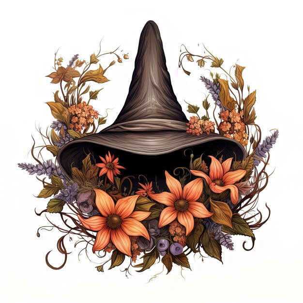 a black witch hat with flowers and a black hat